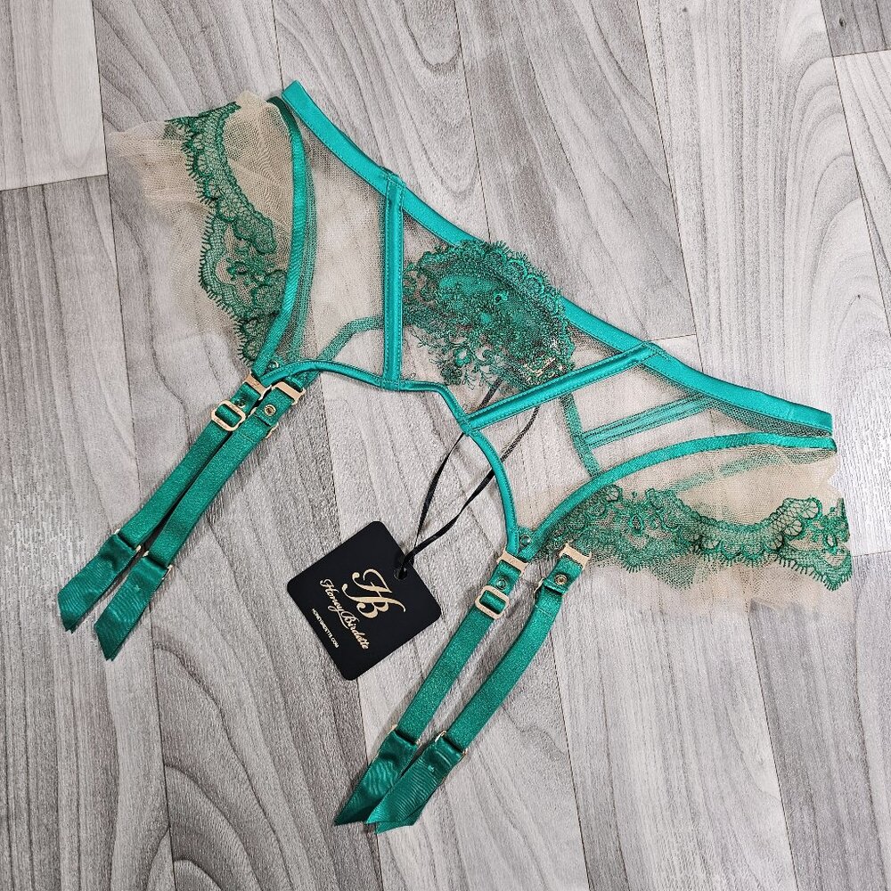 Honey Birdette Gabrielle Emerald Suspender Garter Belt Size L ~ NWT